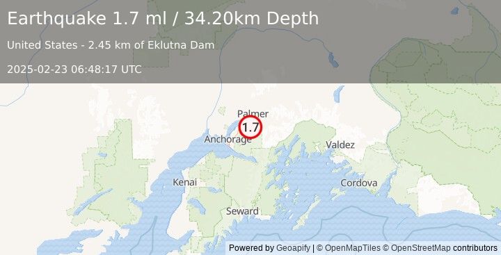 Earthquake 16 km WSW of Knik River, Alaska (1.7 ml) (2025-02-23 06:48:17 UTC)