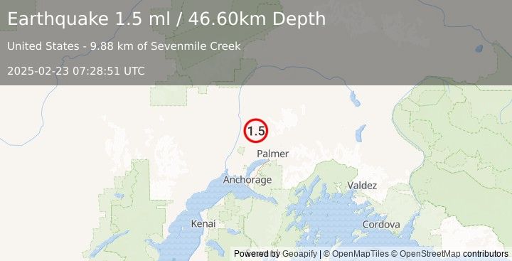 Earthquake 27 km SSE of Susitna North, Alaska (1.5 ml) (2025-02-23 07:28:51 UTC)