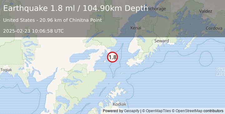 Earthquake 58 km WNW of Nanwalek, Alaska (1.8 ml) (2025-02-23 10:06:58 UTC)