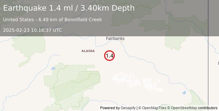 Earthquake 51 km E of Anderson, Alaska (1.4 ml) (2025-02-23 10:16:37 UTC)