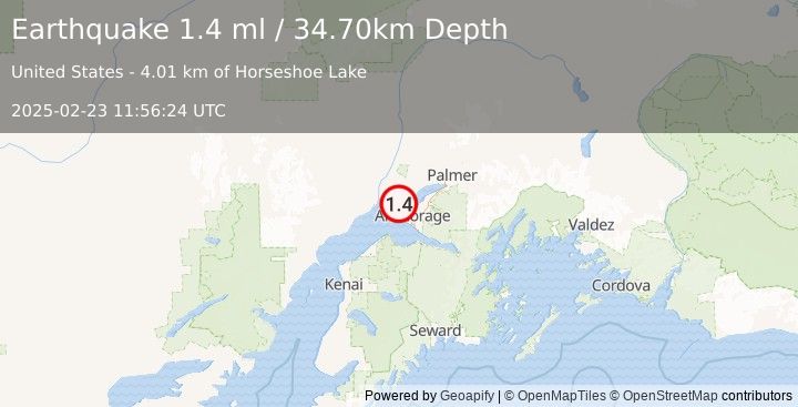 Earthquake 10 km WSW of Point MacKenzie, Alaska (1.4 ml) (2025-02-23 11:56:24 UTC)