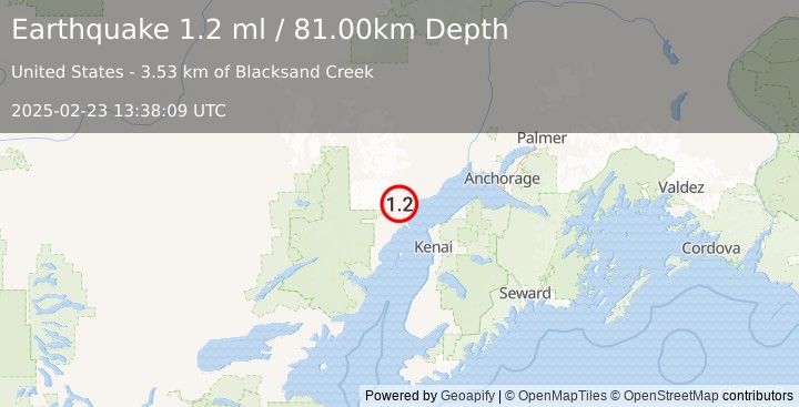 Earthquake 44 km WSW of Tyonek, Alaska (1.2 ml) (2025-02-23 13:38:09 UTC)