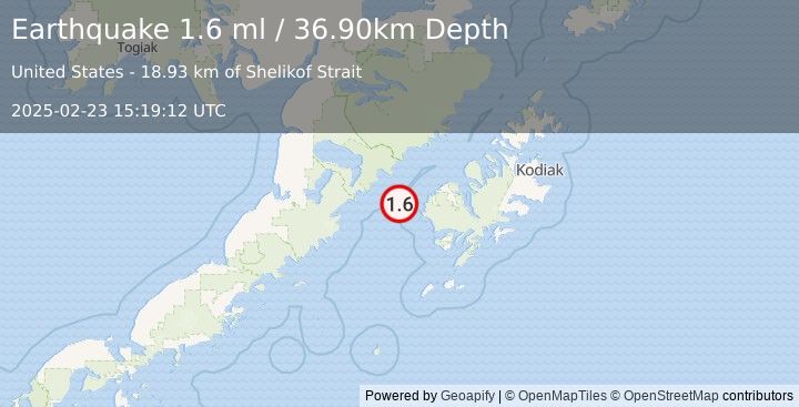 Earthquake 46 km WSW of Karluk, Alaska (1.6 ml) (2025-02-23 15:19:12 UTC)