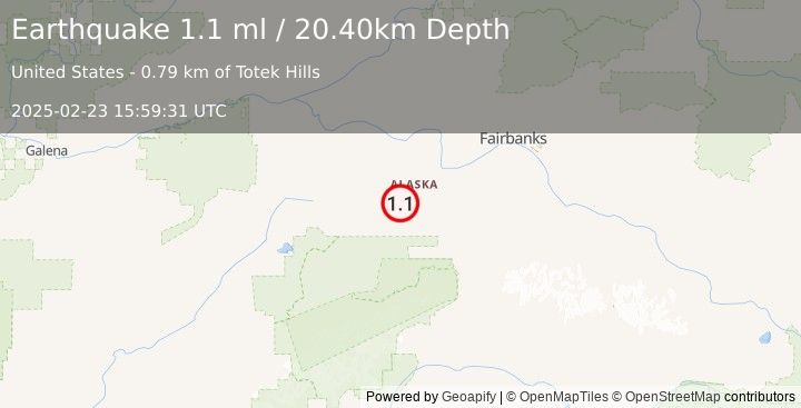 Earthquake 36 km W of Clear, Alaska (1.1 ml) (2025-02-23 15:59:31 UTC)