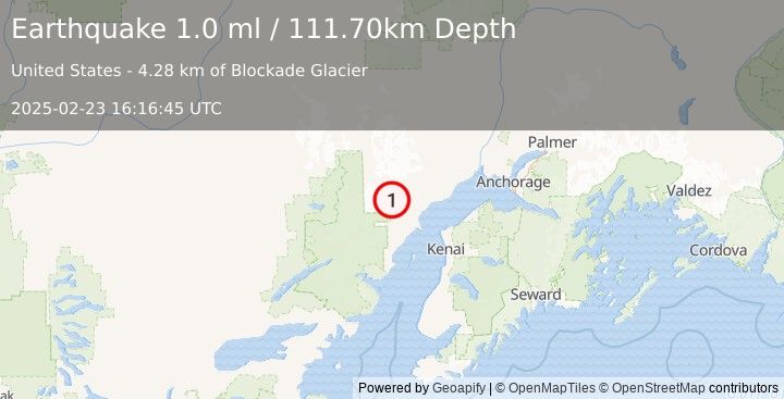 Earthquake 65 km W of Tyonek, Alaska (1.0 ml) (2025-02-23 16:16:45 UTC)