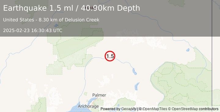 Earthquake 62 km SSE of Cantwell, Alaska (1.5 ml) (2025-02-23 16:30:43 UTC)