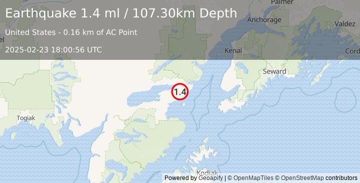 Earthquake 32 km ESE of Pedro Bay, Alaska (1.4 ml) (2025-02-23 18:00:56 UTC)