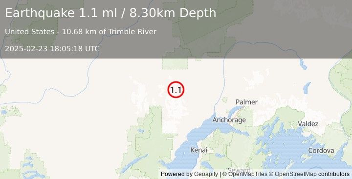 Earthquake 48 km WSW of Skwentna, Alaska (1.1 ml) (2025-02-23 18:05:18 UTC)