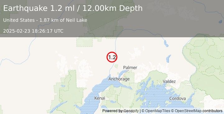 Earthquake 29 km NW of Willow, Alaska (1.2 ml) (2025-02-23 18:26:17 UTC)