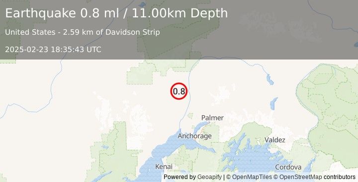 Earthquake 25 km SW of Trapper Creek, Alaska (0.8 ml) (2025-02-23 18:35:43 UTC)