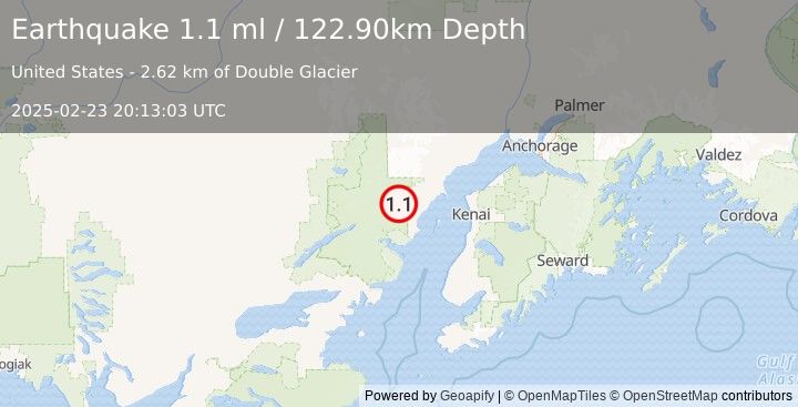 Earthquake 74 km W of Salamatof, Alaska (1.1 ml) (2025-02-23 20:13:03 UTC)