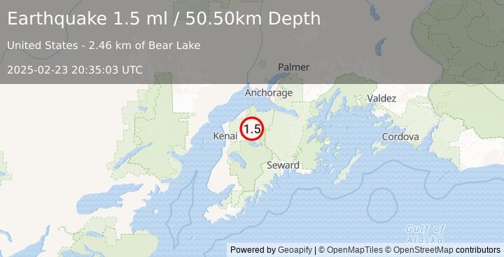 Earthquake 23 km NE of Sterling, Alaska (1.5 ml) (2025-02-23 20:35:03 UTC)