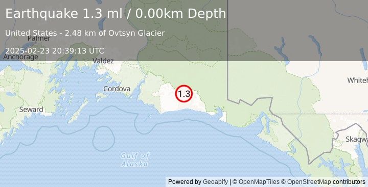 Earthquake 110 km S of McCarthy, Alaska (1.3 ml) (2025-02-23 20:39:13 UTC)