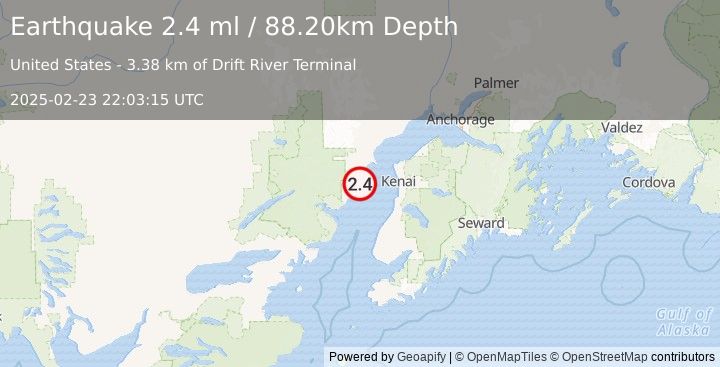 Earthquake 44 km WSW of Salamatof, Alaska (2.4 ml) (2025-02-23 22:03:15 UTC)