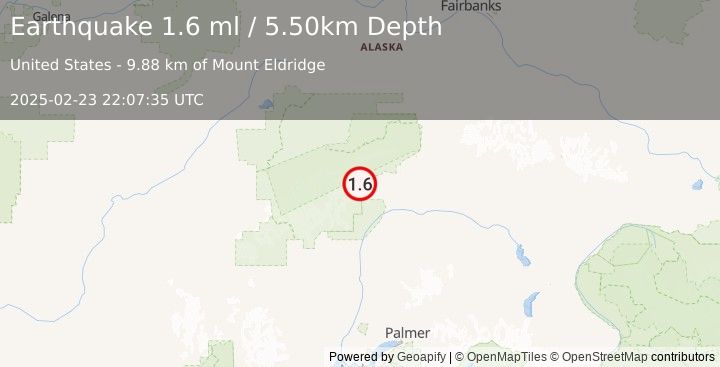 Earthquake 67 km WSW of Cantwell, Alaska (1.6 ml) (2025-02-23 22:07:35 UTC)