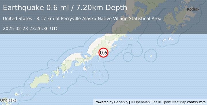 Earthquake 9 km NW of Perryville, Alaska (0.6 ml) (2025-02-23 23:26:36 UTC)