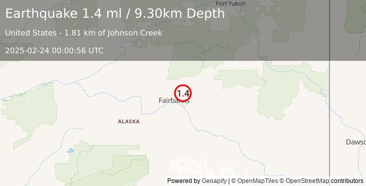 Earthquake 13 km E of Fox, Alaska (1.4 ml) (2025-02-24 00:00:56 UTC)