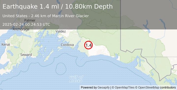 Earthquake 104 km E of Cordova, Alaska (1.4 ml) (2025-02-24 00:24:53 UTC)