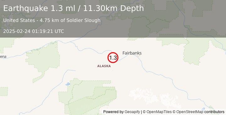 Earthquake 11 km NNE of Four Mile Road, Alaska (1.3 ml) (2025-02-24 01:19:21 UTC)