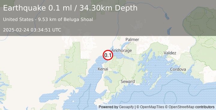 Earthquake 13 km E of Tyonek, Alaska (0.1 ml) (2025-02-24 03:34:51 UTC)