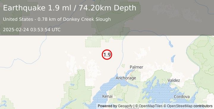 Earthquake 7 km NE of Skwentna, Alaska (1.9 ml) (2025-02-24 03:53:54 UTC)