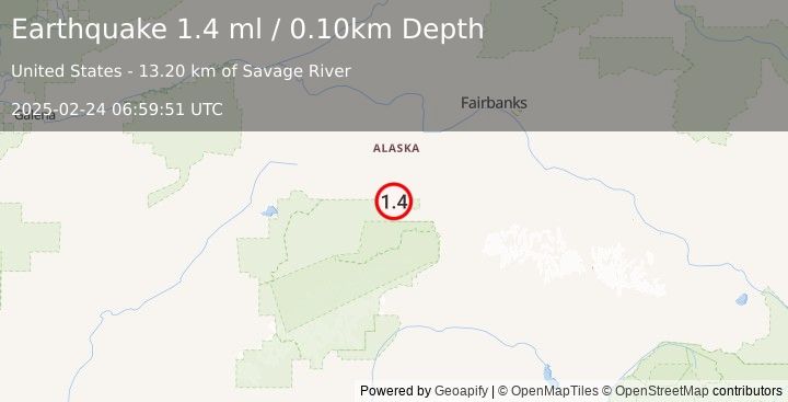 Earthquake 29 km W of Ferry, Alaska (1.4 ml) (2025-02-24 06:59:51 UTC)