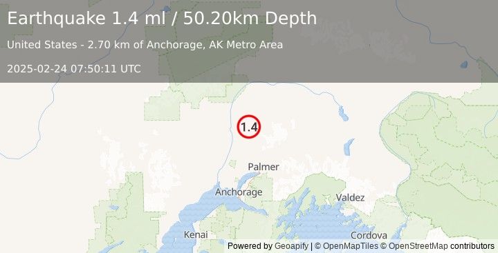 Earthquake 15 km ENE of Susitna North, Alaska (1.4 ml) (2025-02-24 07:50:11 UTC)