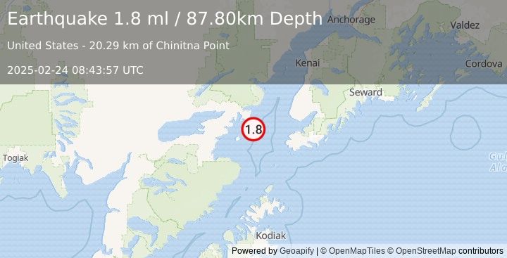 Earthquake 60 km WNW of Nanwalek, Alaska (1.8 ml) (2025-02-24 08:43:57 UTC)