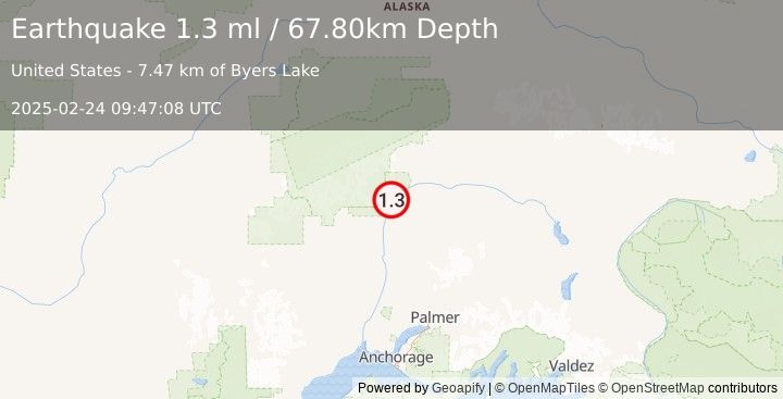 Earthquake 29 km NNE of Chase, Alaska (1.3 ml) (2025-02-24 09:47:08 UTC)