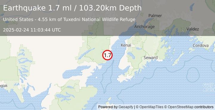 Earthquake 55 km WNW of Ninilchik, Alaska (1.7 ml) (2025-02-24 11:03:44 UTC)