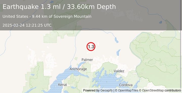 Earthquake 40 km N of Sutton-Alpine, Alaska (1.3 ml) (2025-02-24 12:21:25 UTC)