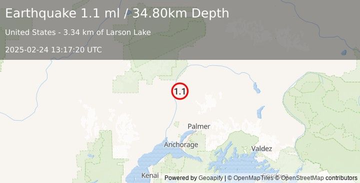 Earthquake 8 km E of Talkeetna, Alaska (1.1 ml) (2025-02-24 13:17:20 UTC)