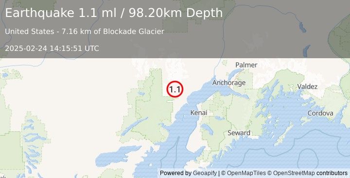 Earthquake 64 km W of Tyonek, Alaska (1.1 ml) (2025-02-24 14:15:51 UTC)