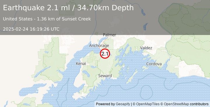 Earthquake 4 km NNW of Sunrise, Alaska (2.1 ml) (2025-02-24 16:19:26 UTC)