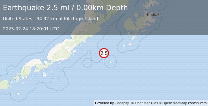 Earthquake 140 km E of Chignik, Alaska (2.5 ml) (2025-02-24 18:20:01 UTC)