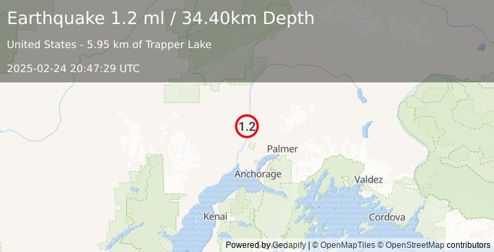 Earthquake 24 km NNW of Willow, Alaska (1.2 ml) (2025-02-24 20:47:29 UTC)