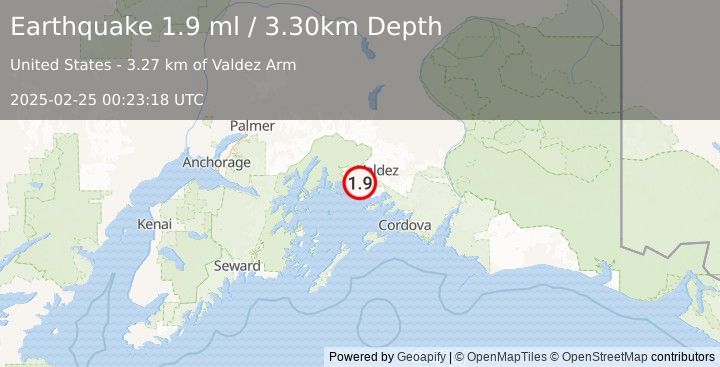 Earthquake 13 km NNW of Tatitlek, Alaska (1.9 ml) (2025-02-25 00:23:18 UTC)