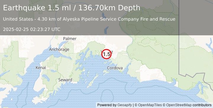 Earthquake 9 km S of Valdez, Alaska (1.5 ml) (2025-02-25 02:23:27 UTC)