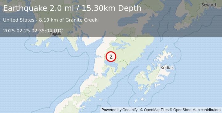 Earthquake 55 km SSE of King Salmon, Alaska (2.0 ml) (2025-02-25 02:35:04 UTC)