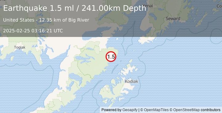 Earthquake 92 km NW of Aleneva, Alaska (1.5 ml) (2025-02-25 03:16:21 UTC)