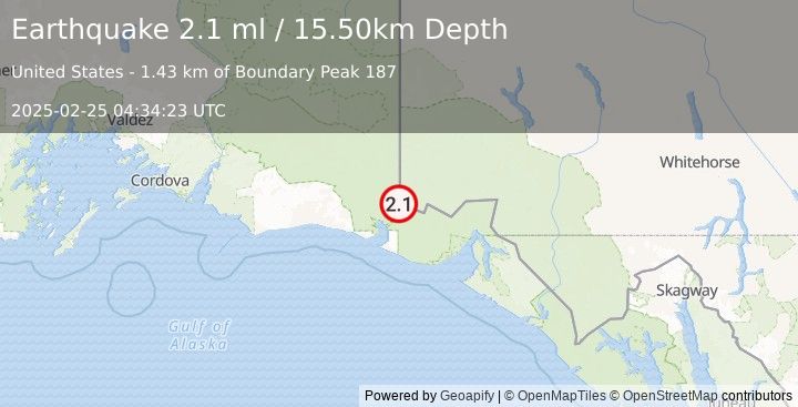 Earthquake 111 km NW of Yakutat, Alaska (2.1 ml) (2025-02-25 04:34:23 UTC)