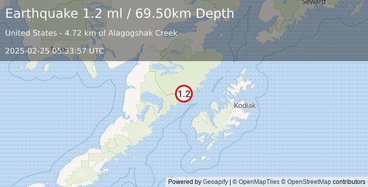 Earthquake 64 km NNW of Karluk, Alaska (1.2 ml) (2025-02-25 05:33:57 UTC)