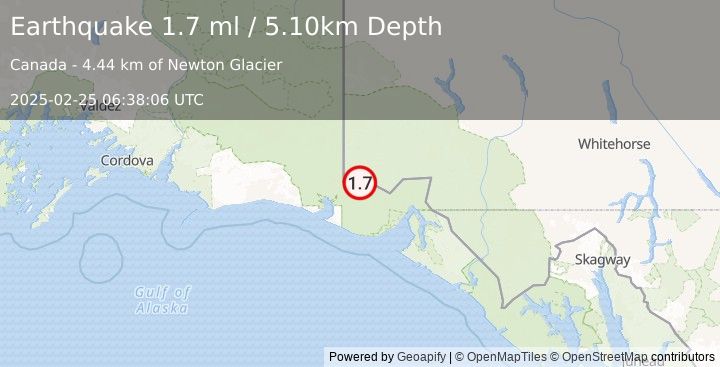 Earthquake 97 km NNW of Yakutat, Alaska (1.7 ml) (2025-02-25 06:38:06 UTC)