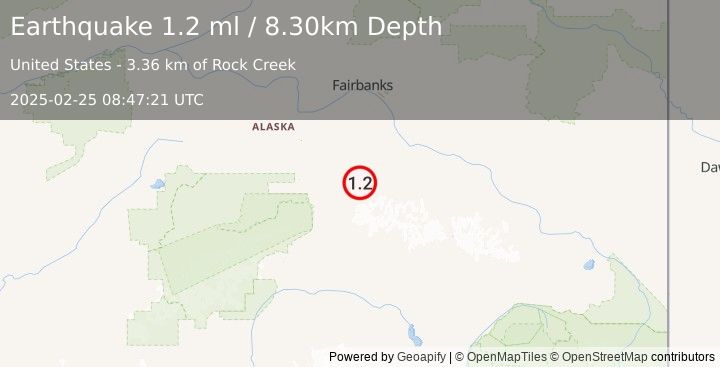 Earthquake 58 km E of Healy, Alaska (1.2 ml) (2025-02-25 08:47:21 UTC)