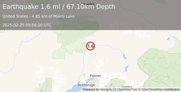 Earthquake 49 km NE of Chase, Alaska (1.6 ml) (2025-02-25 09:56:10 UTC)