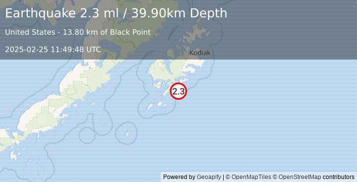 Earthquake 37 km S of Old Harbor, Alaska (2.3 ml) (2025-02-25 11:49:48 UTC)