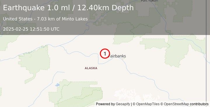 Earthquake 29 km WNW of Ester, Alaska (1.0 ml) (2025-02-25 12:51:50 UTC)