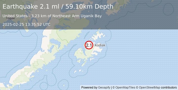 Earthquake 30 km WSW of Port Lions, Alaska (2.1 ml) (2025-02-25 13:35:52 UTC)