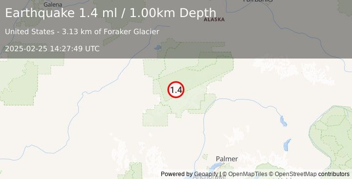 Earthquake 57 km SSE of Denali National Park, Alaska (1.4 ml) (2025-02-25 14:27:49 UTC)