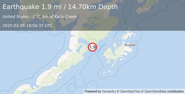 Earthquake 71 km W of Karluk, Alaska (1.9 ml) (2025-02-25 15:56:37 UTC)